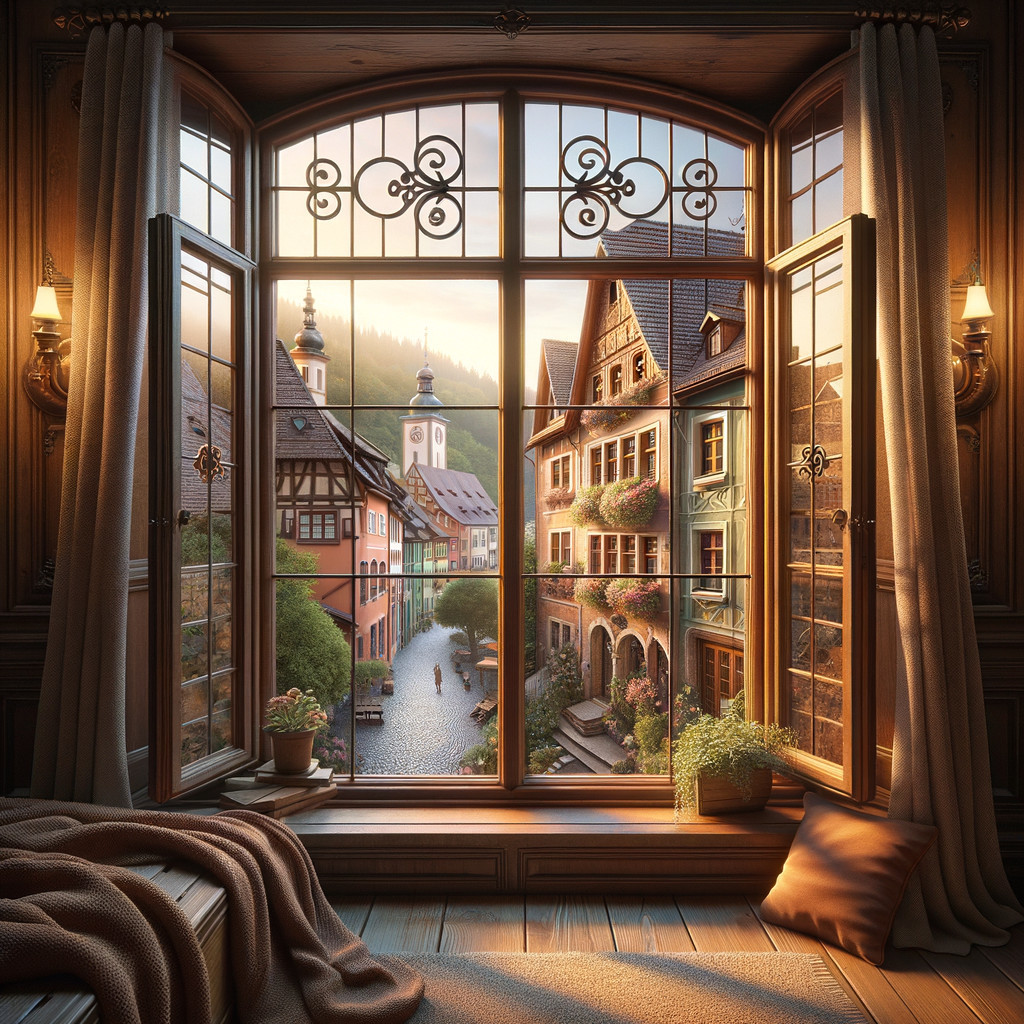 Cozy Interior with Ornate Window and Village View