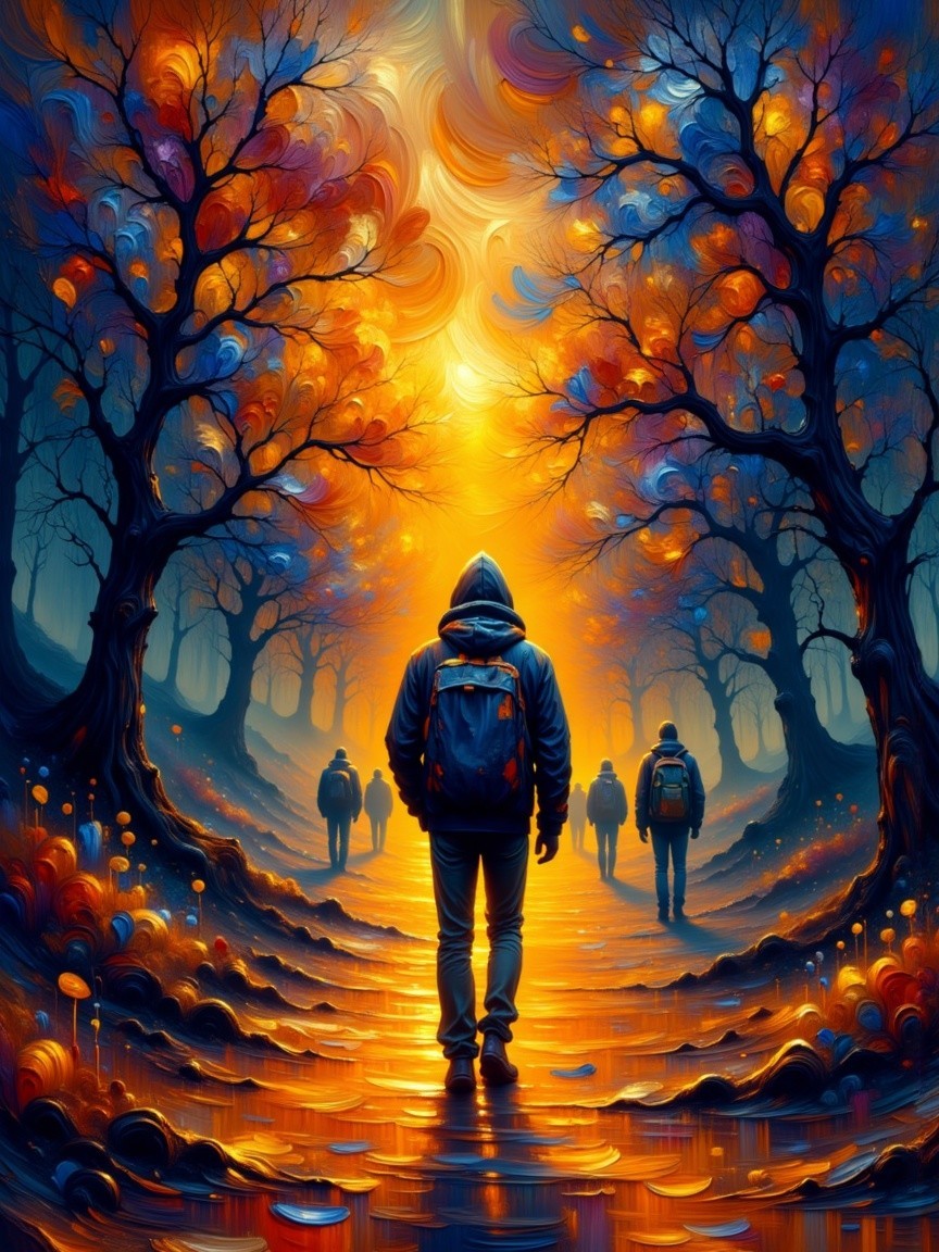 Solitary figure on vibrant autumn pathway with trees