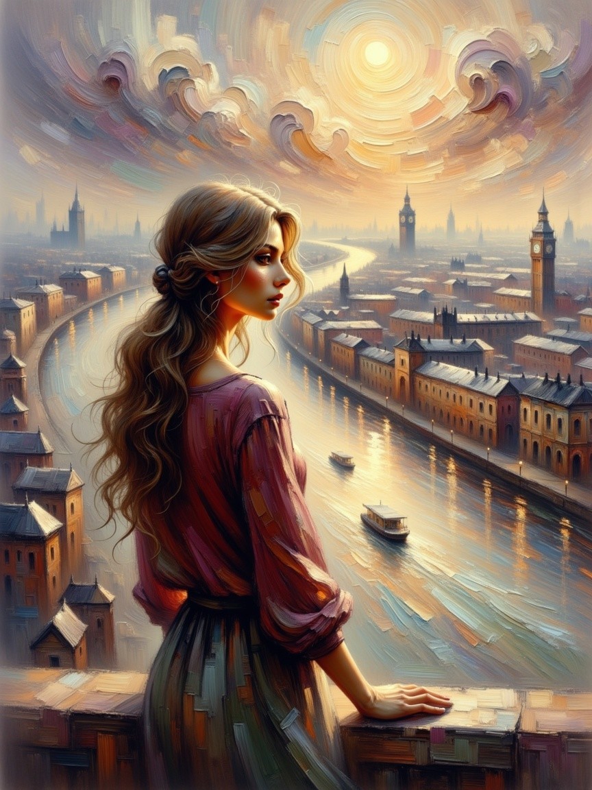 Serene Woman Overlooks Cityscape at Sunset