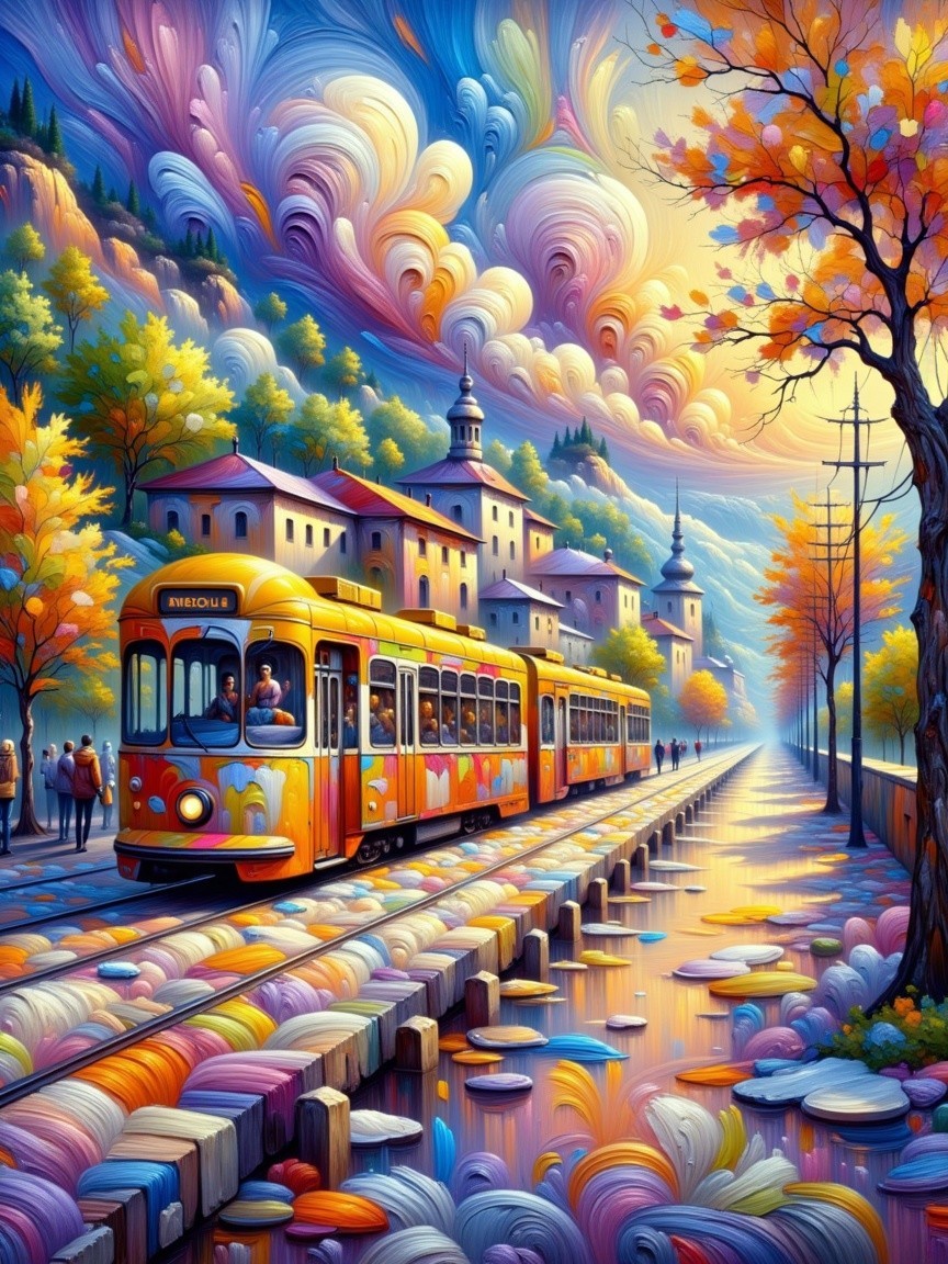 Colorful Tram Along Autumn Waterway at Sunset