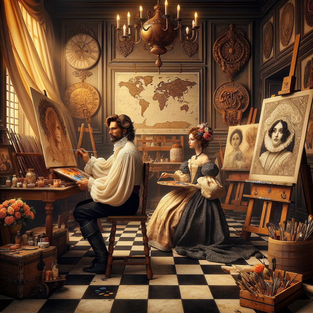 Vintage Art Studio with Historical Painting Scene
