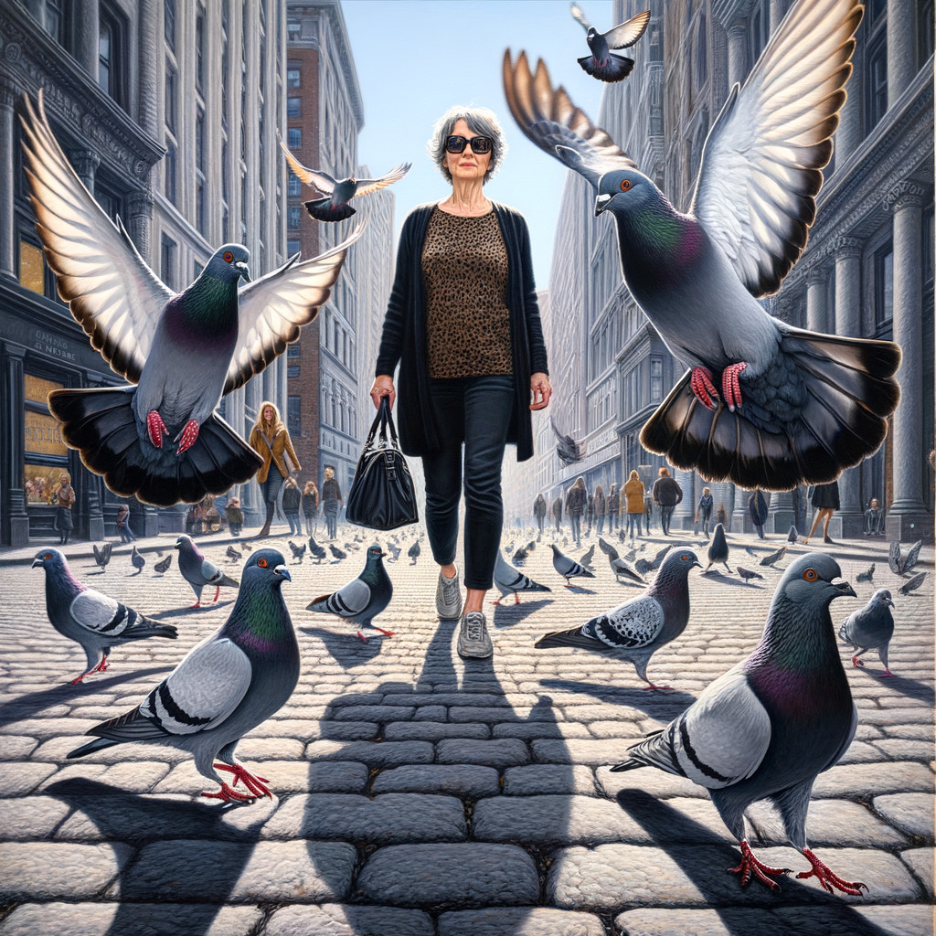 Older woman with pigeons on a cobblestone street