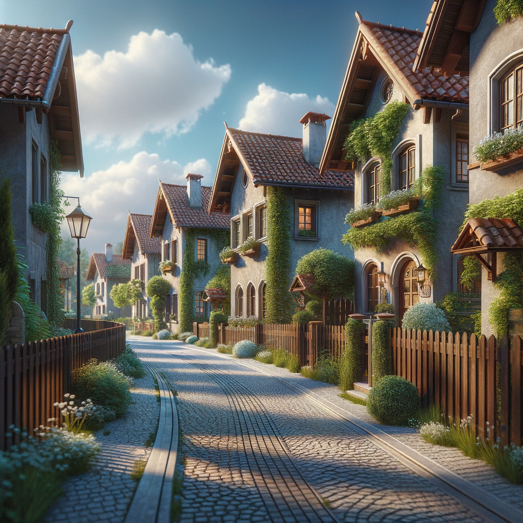 Charming Ivy-Clad Houses on a Serene Cobblestone Street