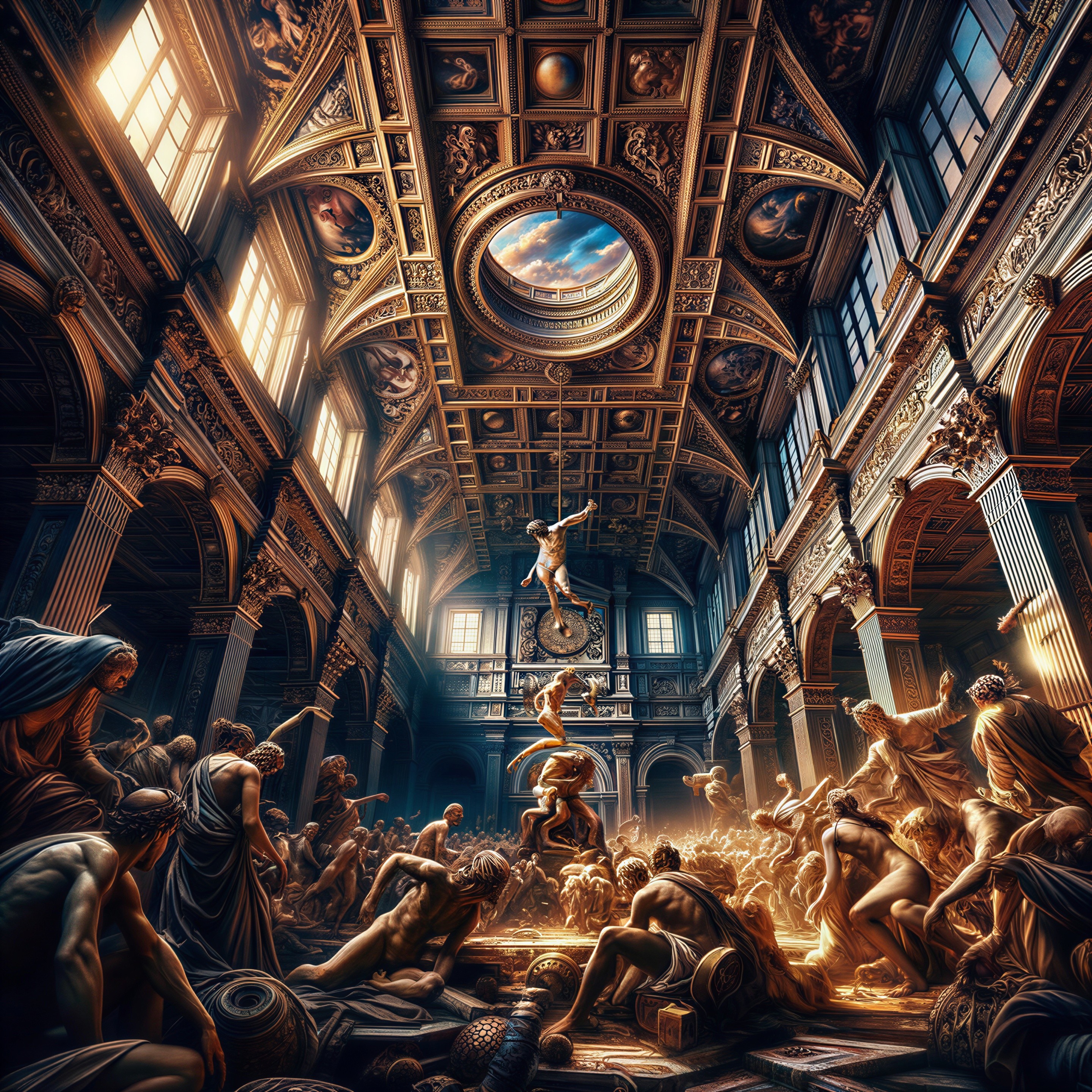 Opulent hall with gilded ceilings and dynamic sculptures