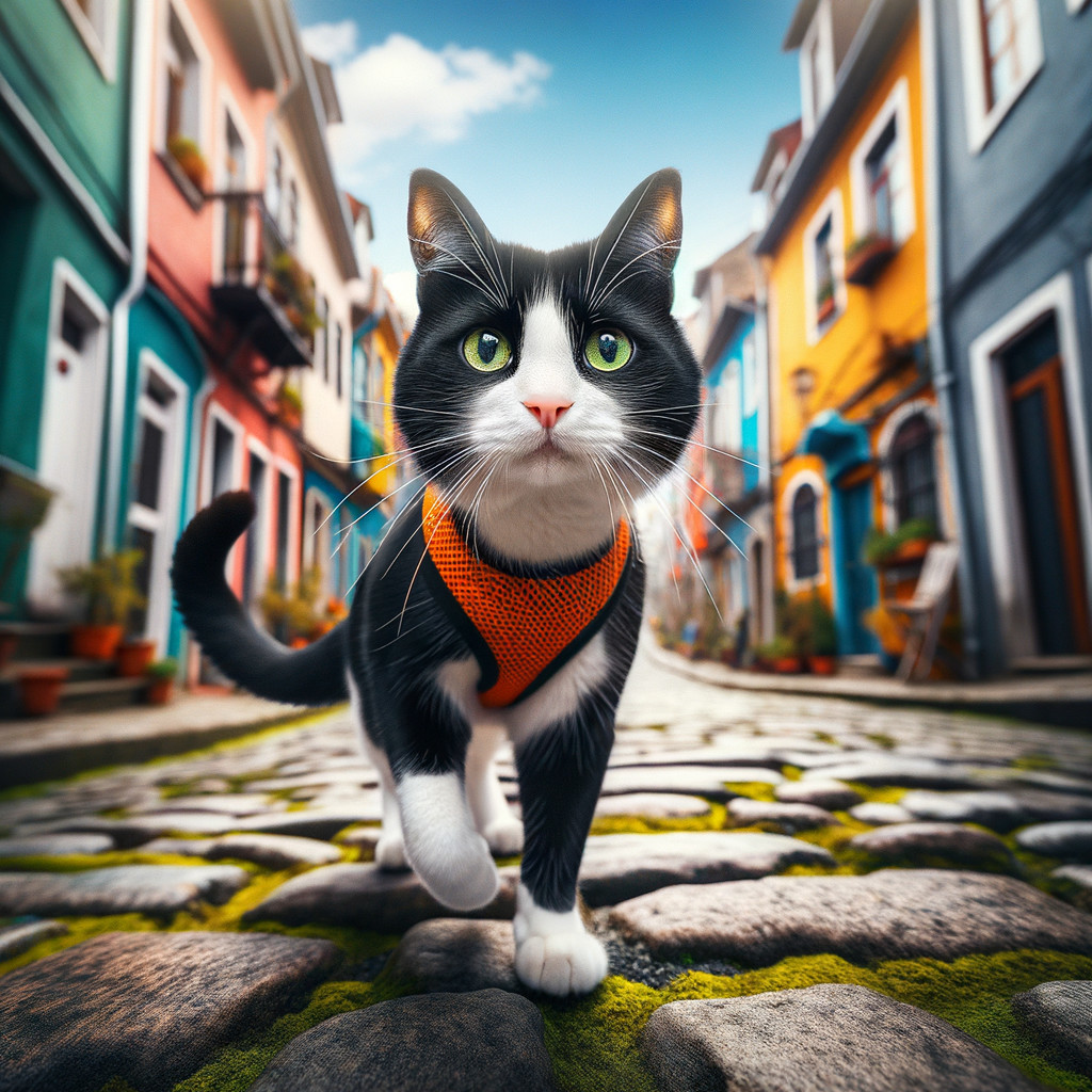 Black and white cat on cobblestone street with colorful houses