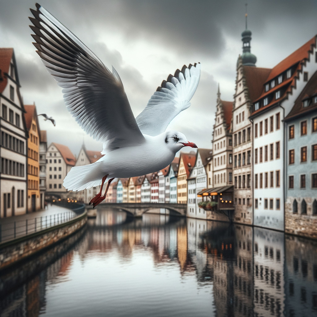 Seagull Over Tranquil River with Historic Buildings