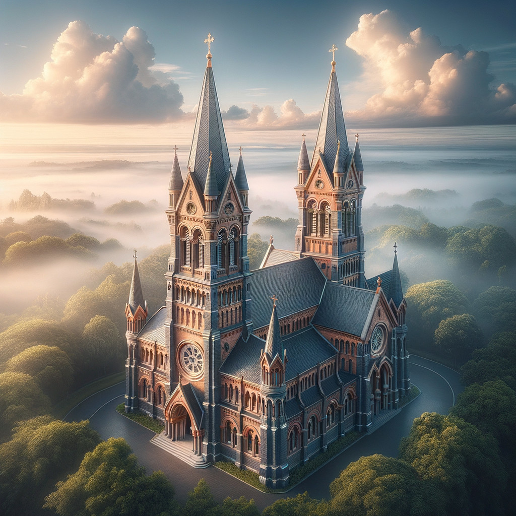 Gothic-style church with spires and stained glass windows