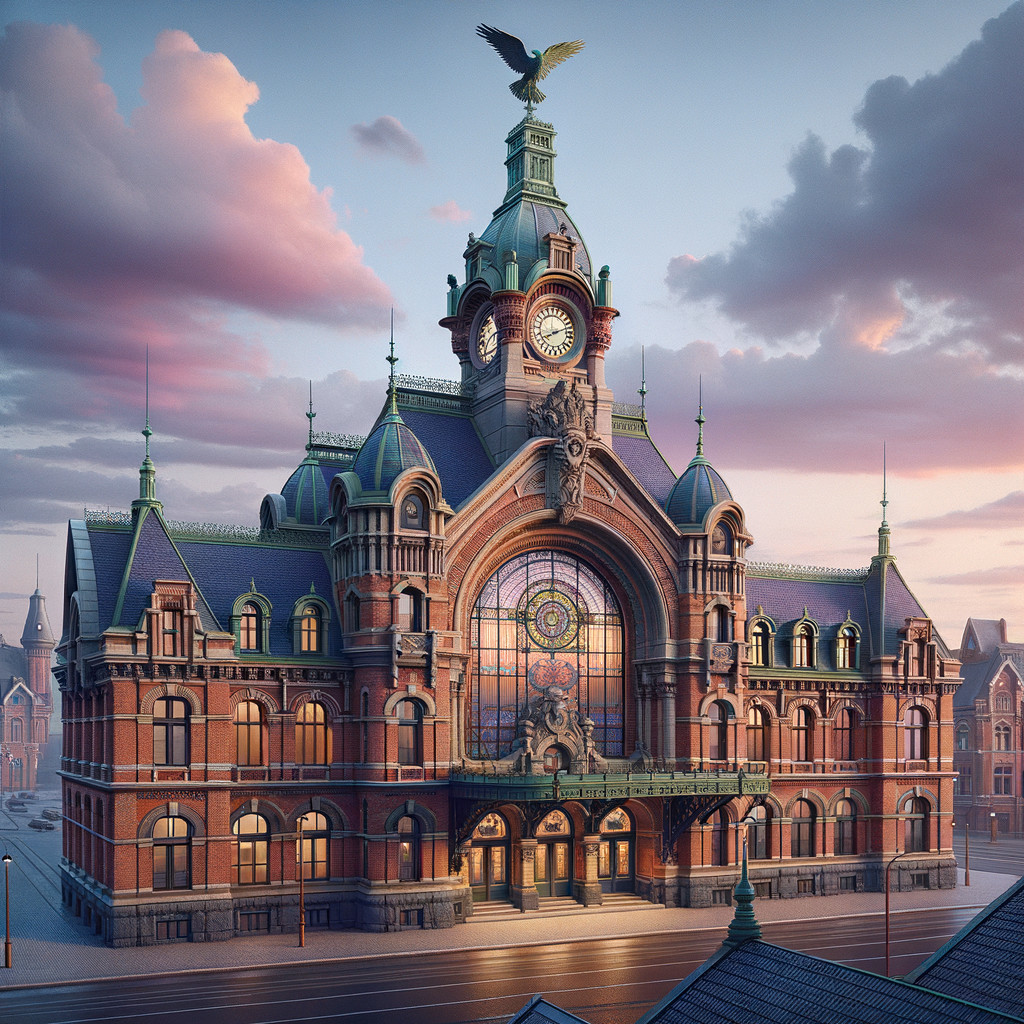 Ornate Historical Train Station with Clock Tower and Stained Glass