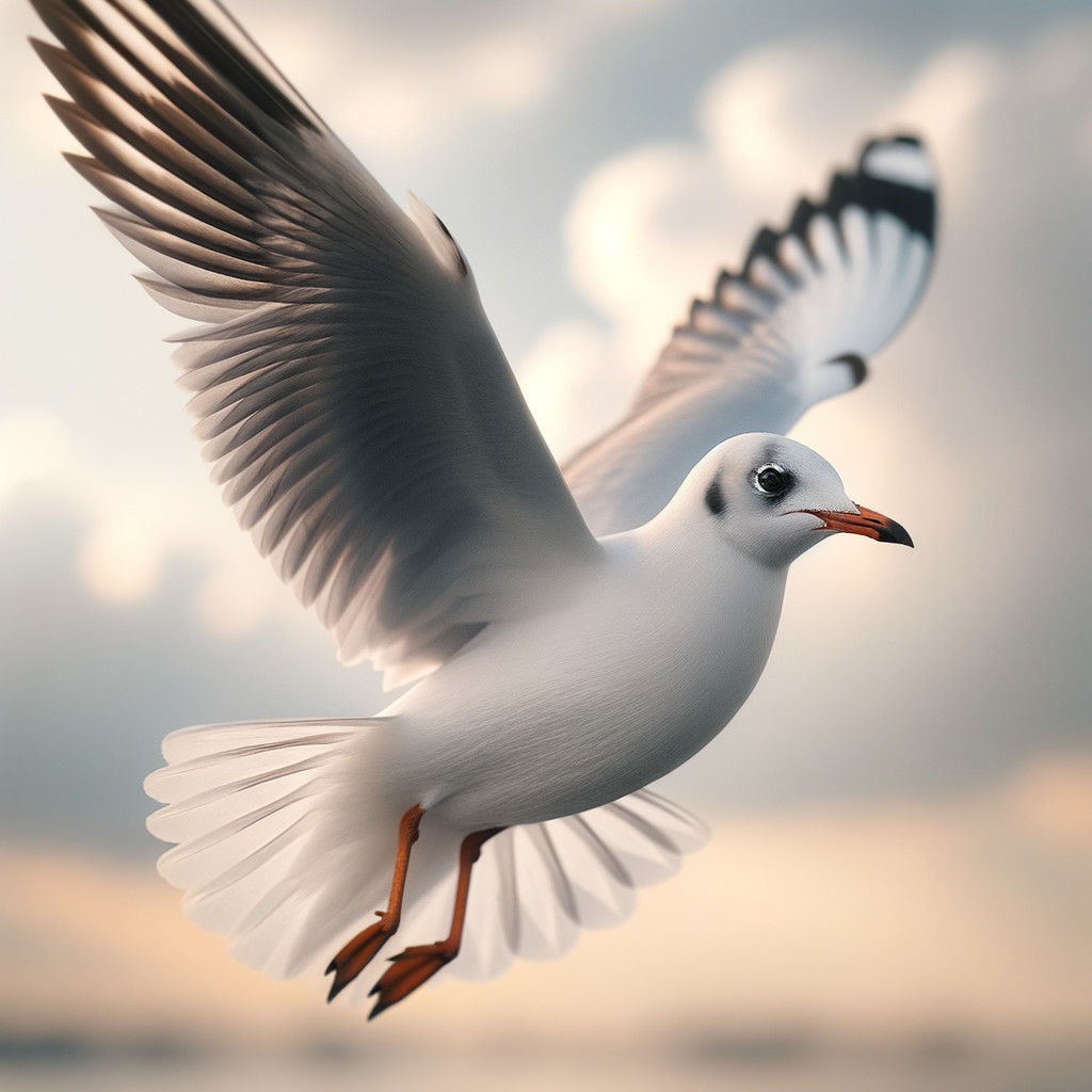 White Seagull Soaring in a Cloudy Sky Over Coastline