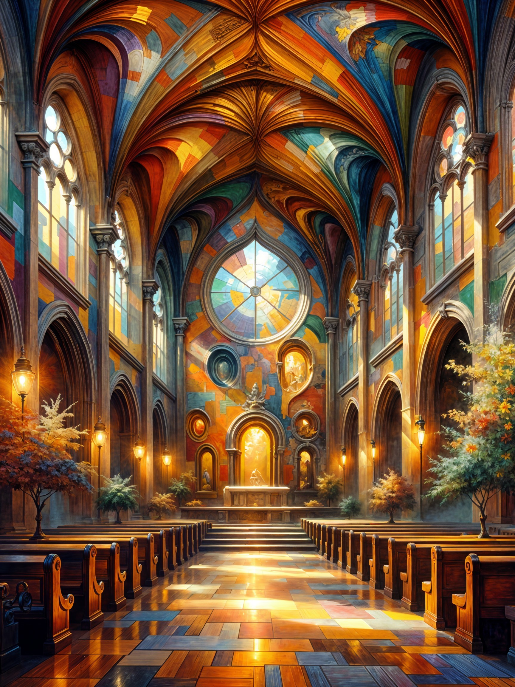 Interior of a Cathedral with Stained Glass and Arches