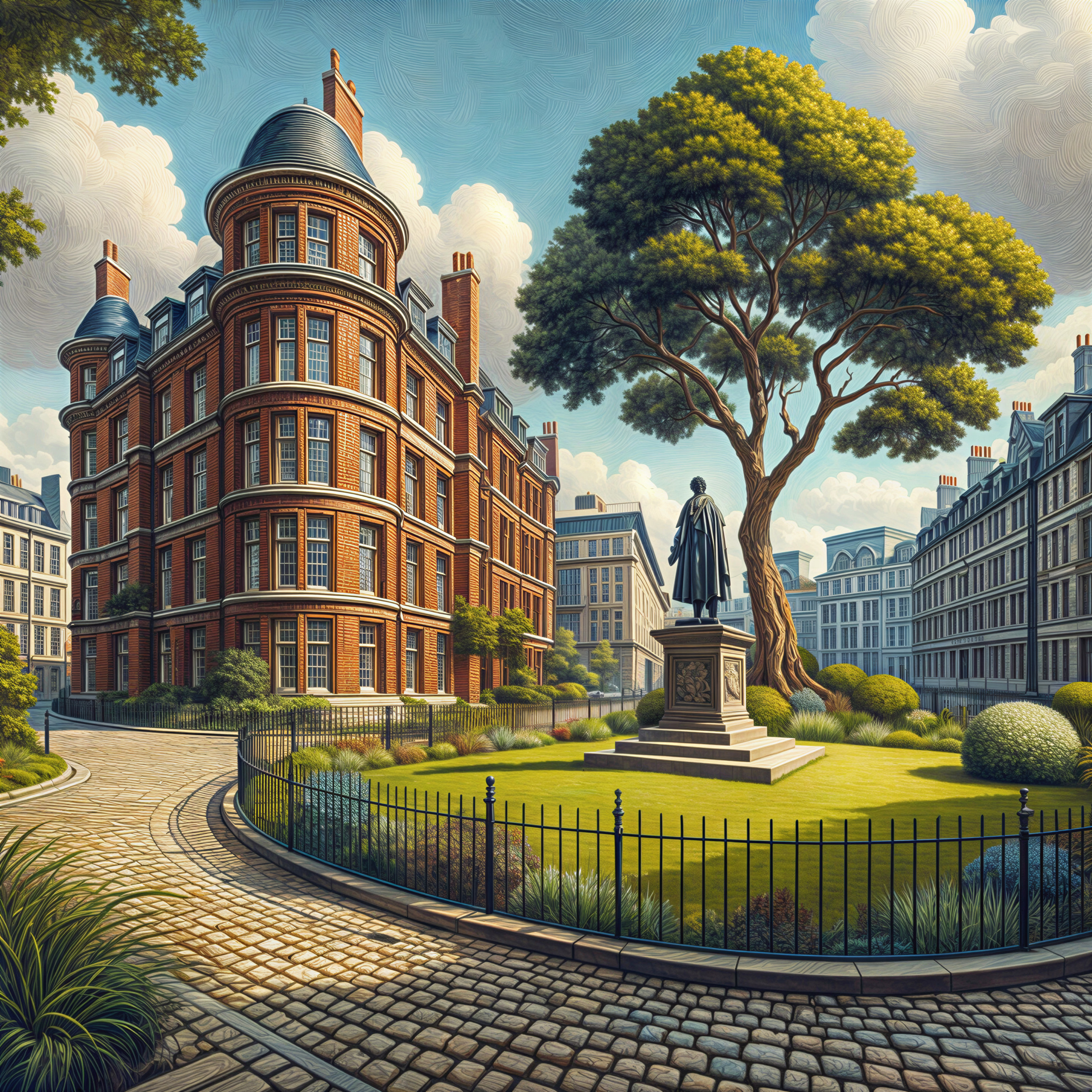 Urban Scene with Red-Brick Buildings and Park