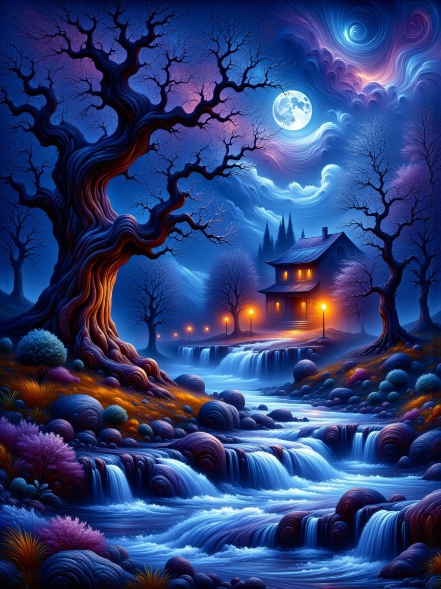 Nocturnal Landscape with Stream and Starry Sky