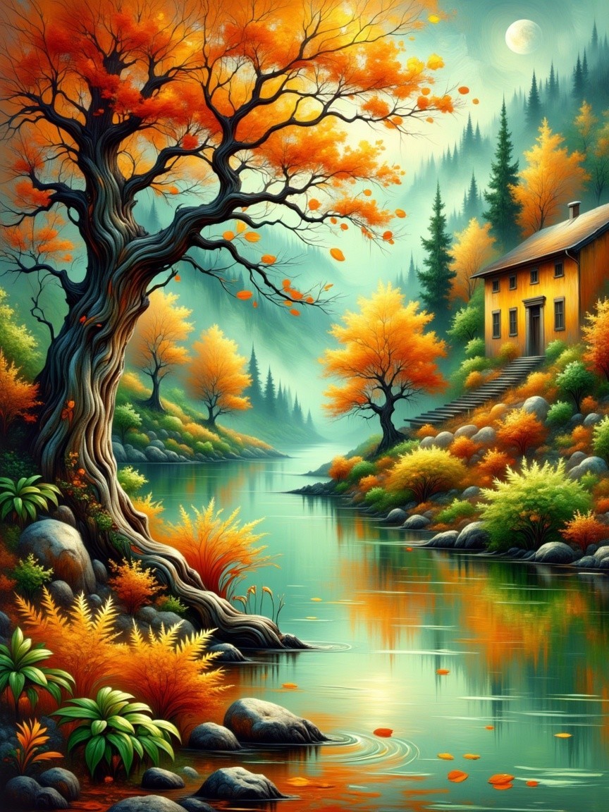Autumn Landscape with River and Rustic House