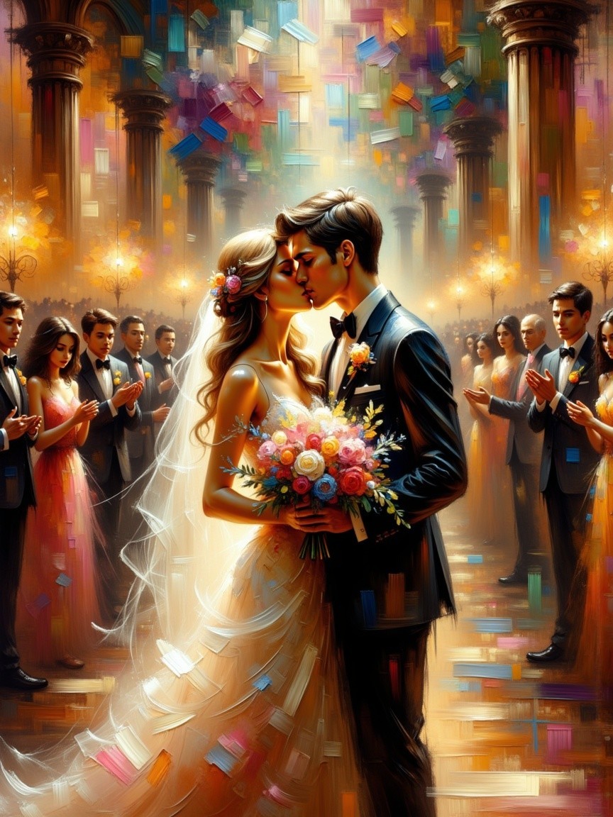 Romantic Wedding Kiss Amidst Elegant Atmosphere