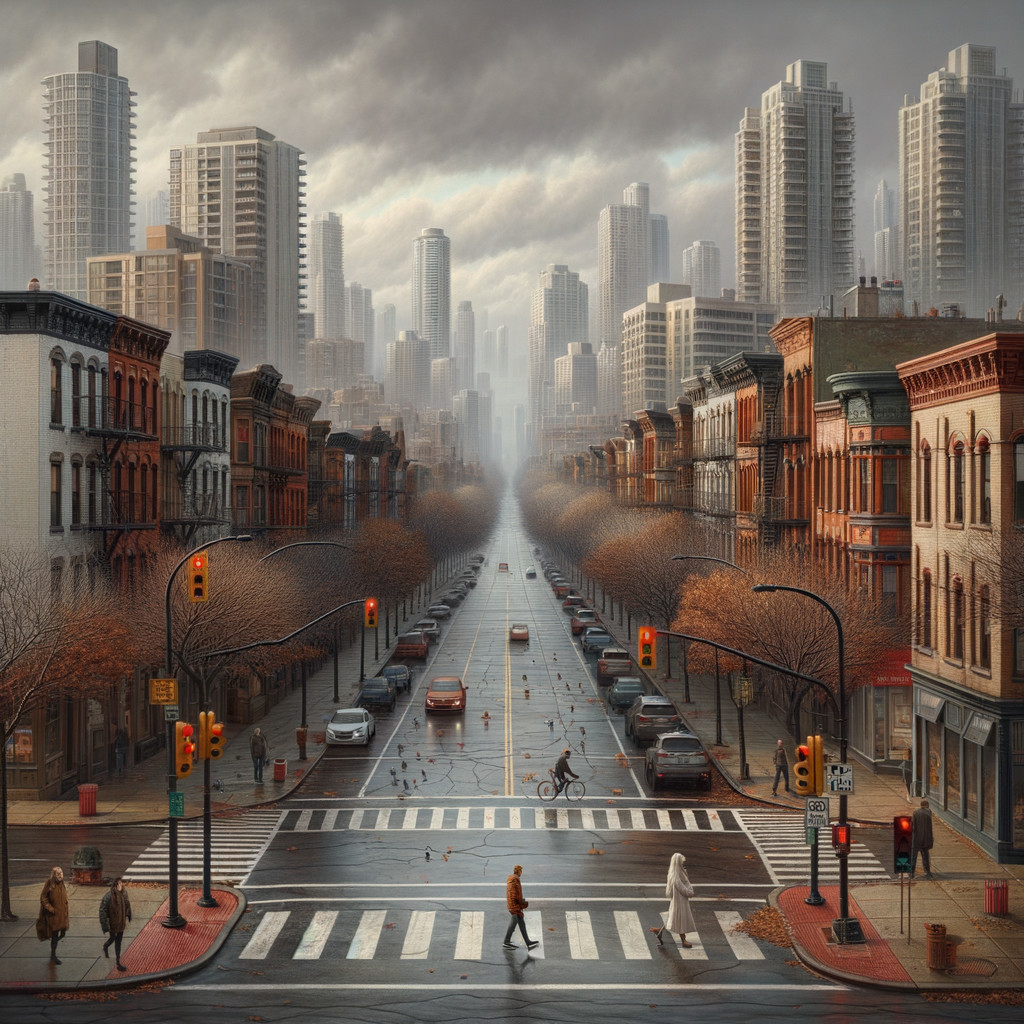 Urban Street Scene with Skyscrapers and Brownstones