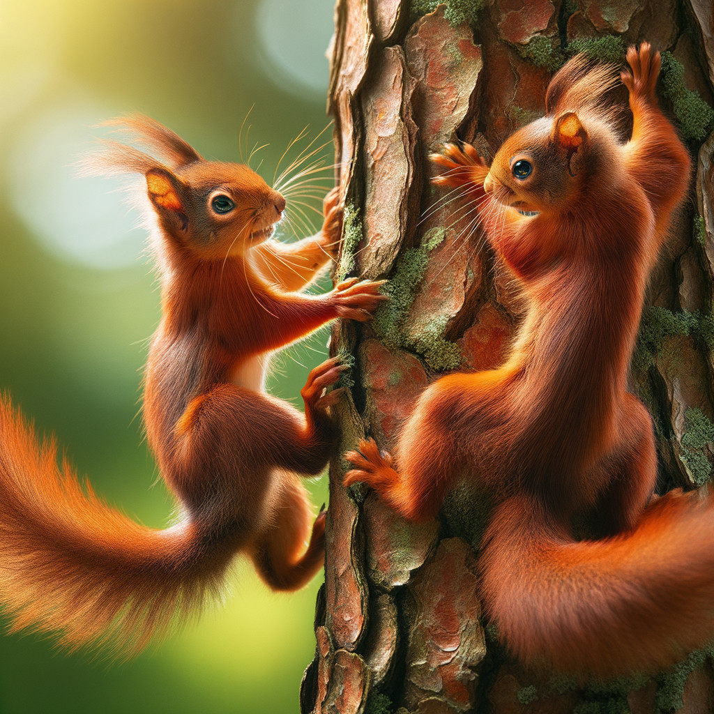 Playful Red Squirrels Climbing a Textured Tree Trunk