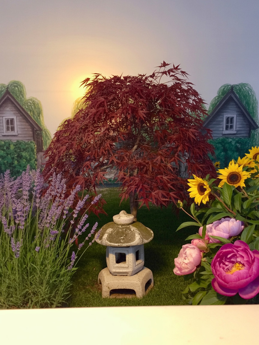 Vibrant Garden with Maple Tree and Colorful Flowers