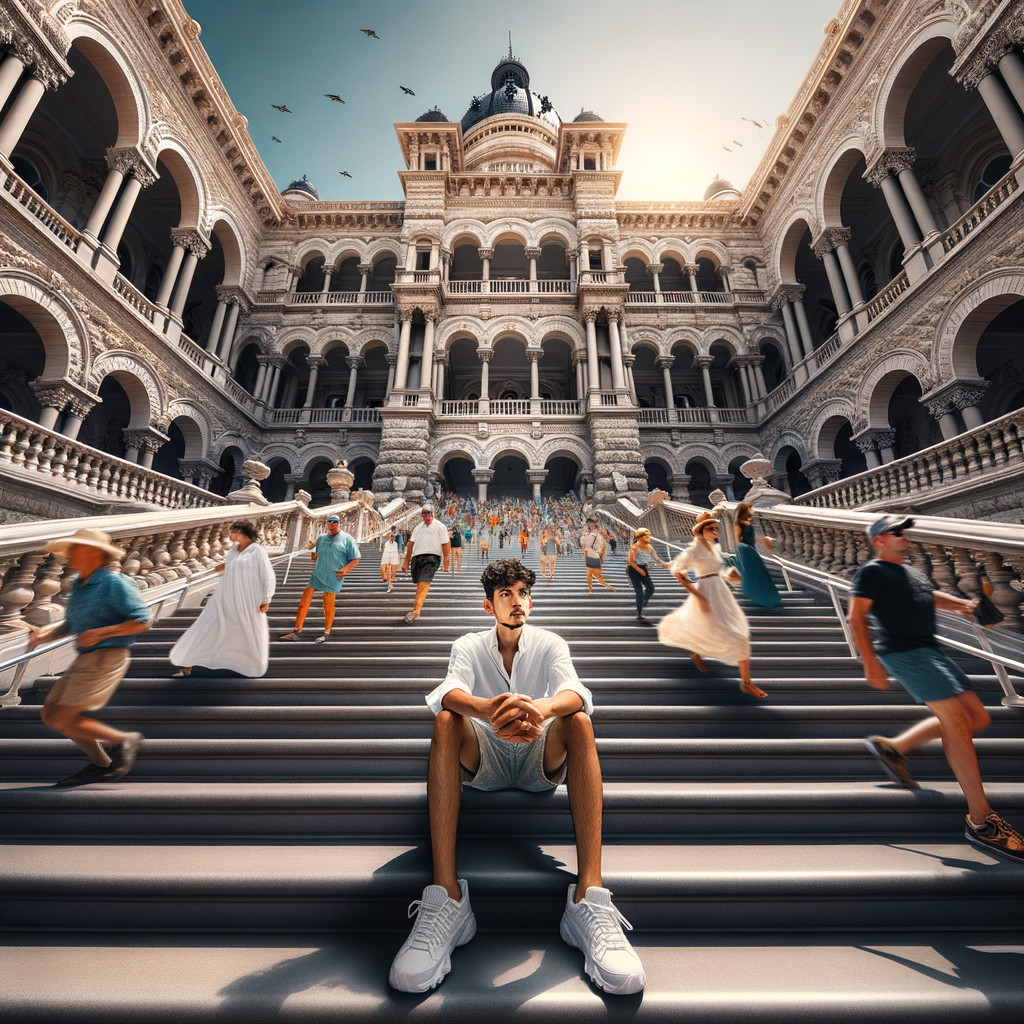 Young man on ornate staircase amid bustling crowds