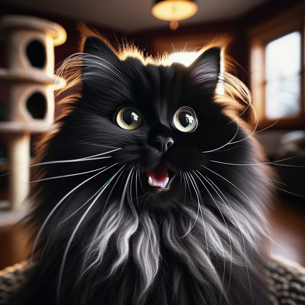 Fluffy Black Cat with Expressive Eyes in Cozy Room