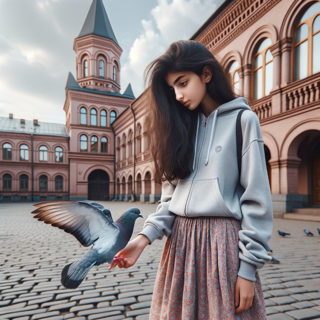 A Girl and a Pigeon on Cobblestone Street