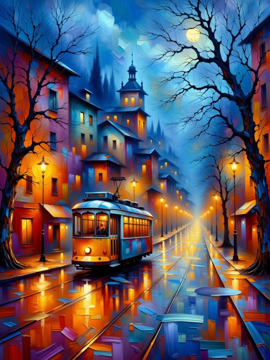 Vibrant Cityscape at Dusk with Tram and Reflections