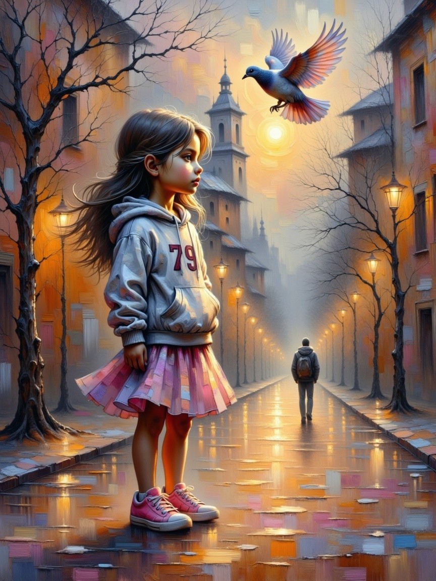 Young girl on cobblestone street at dusk with bird
