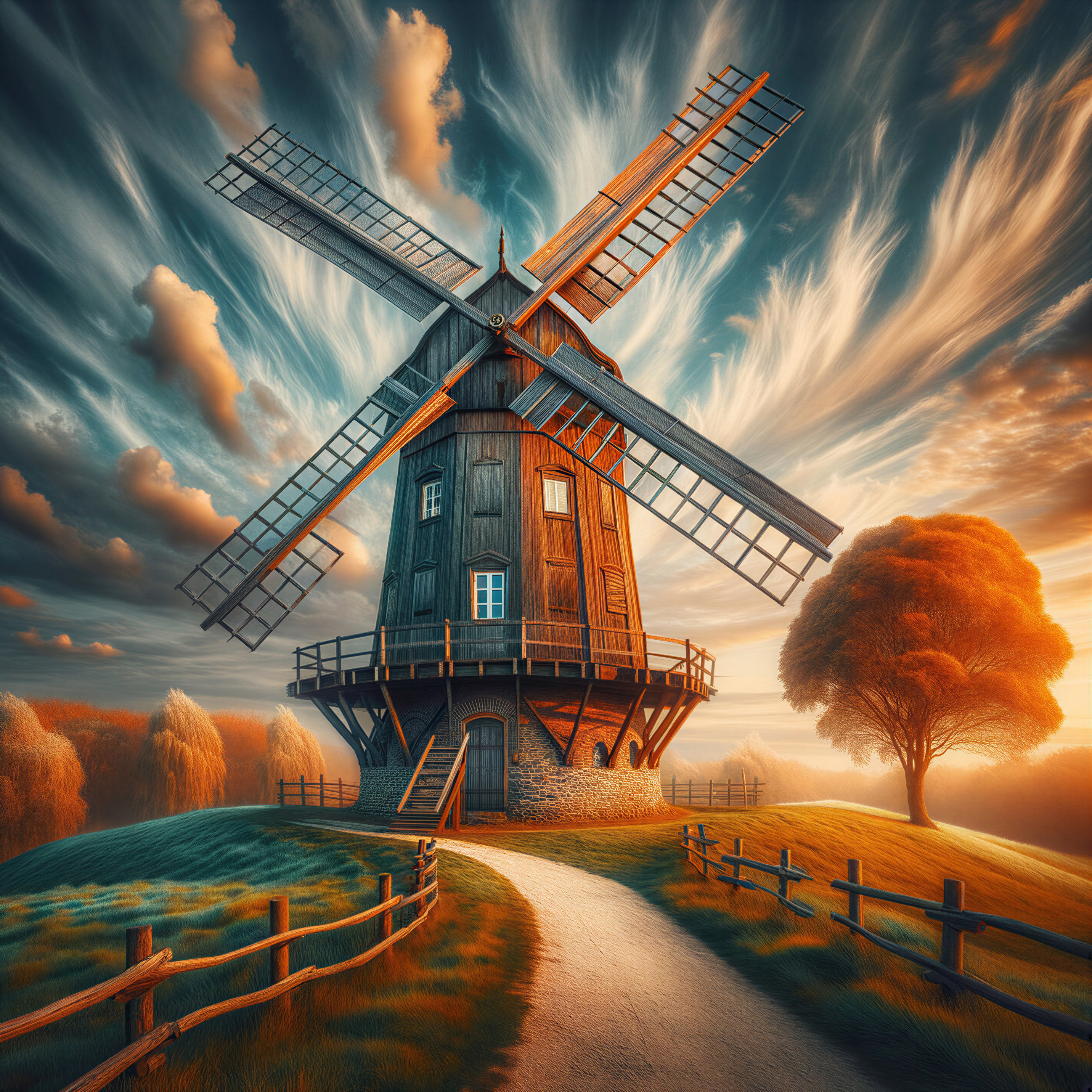 Wooden windmill at sunset in a tranquil landscape