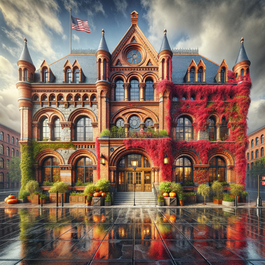 Historic Brick Building with Autumn Foliage Details