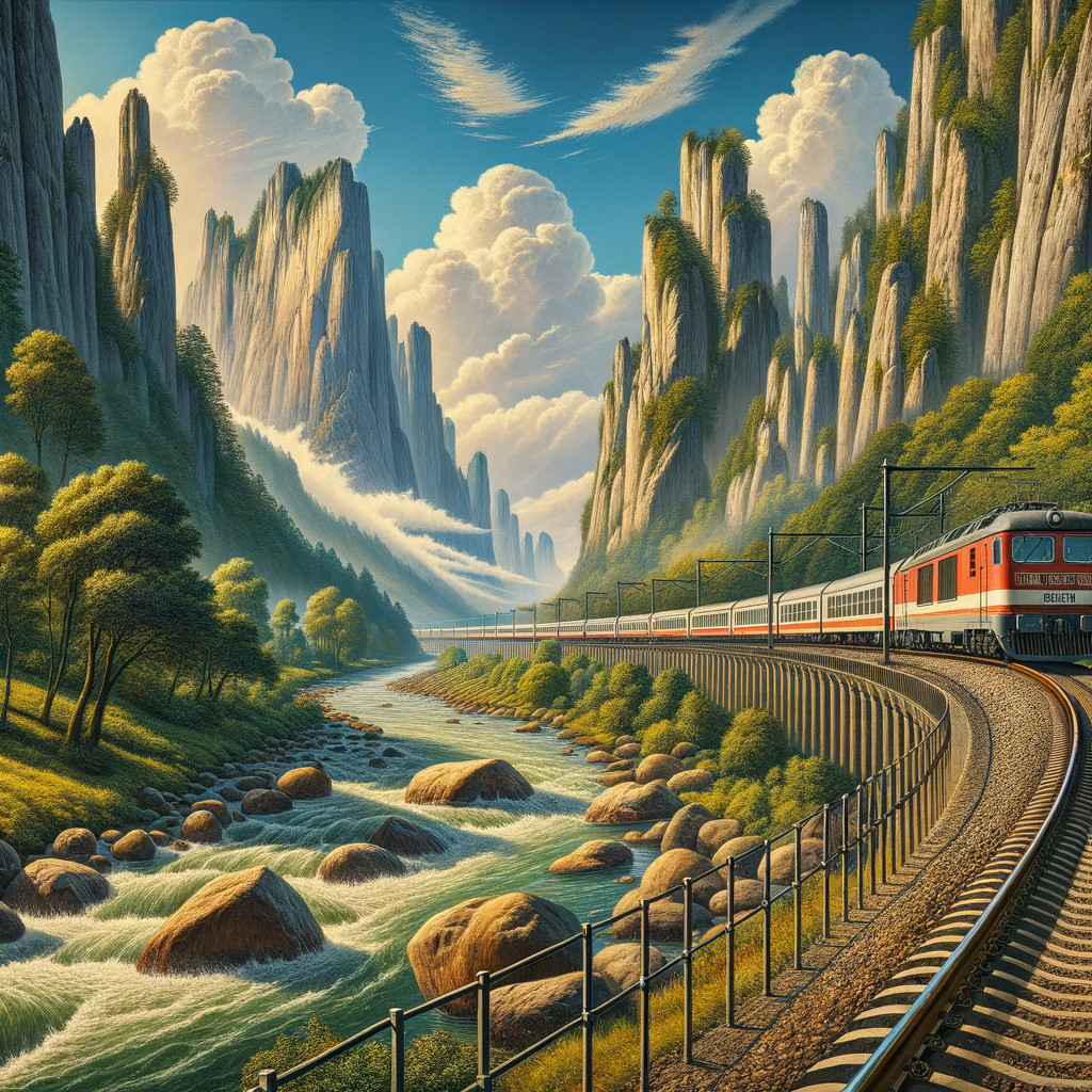 Vibrant Train Journey Through Scenic Mountain Landscape