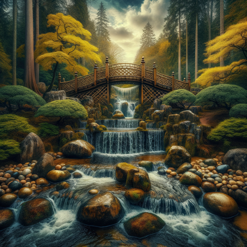 Wooden Bridge Over Waterfall in Autumn Landscape