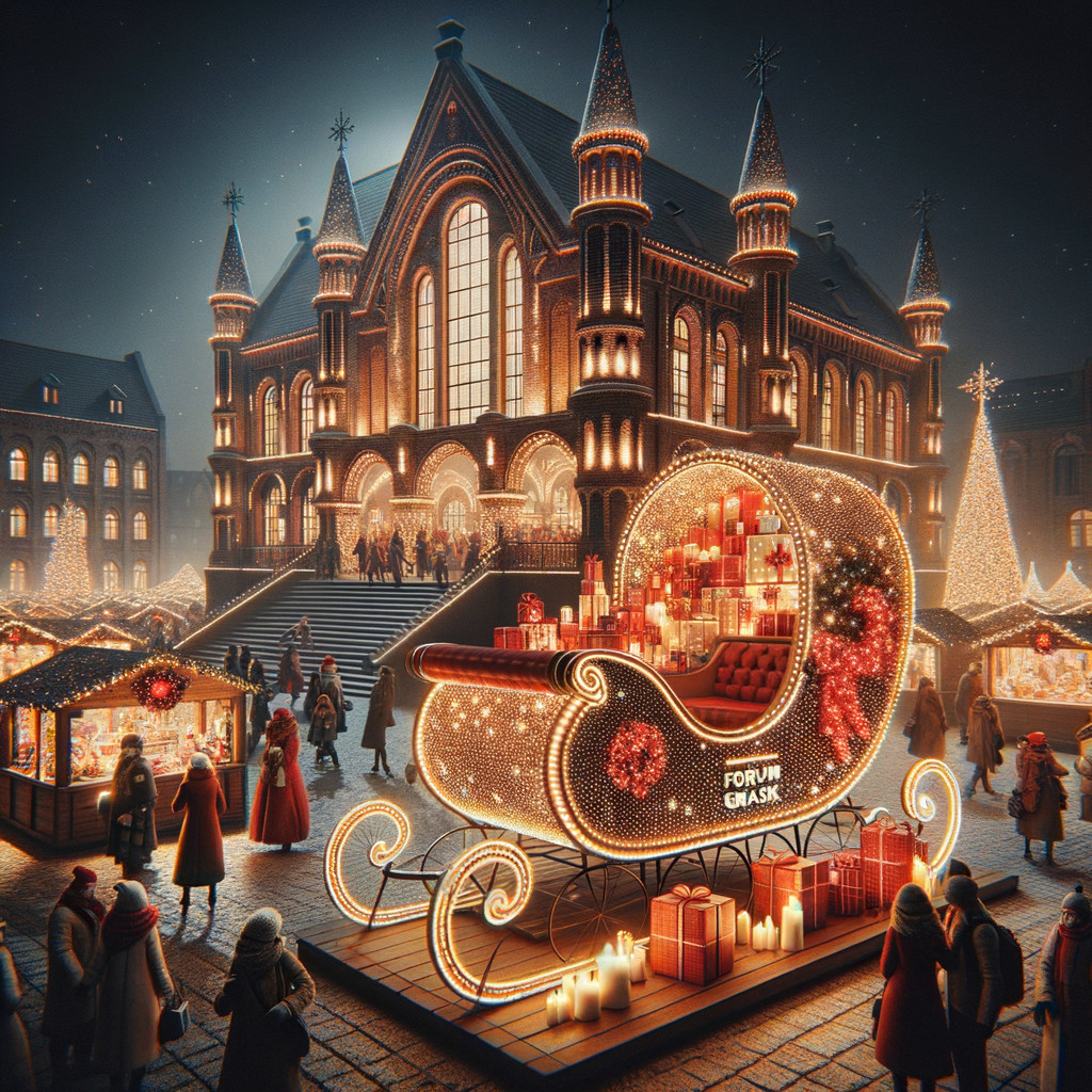 Festive Night Market with Illuminated Buildings and Sleigh