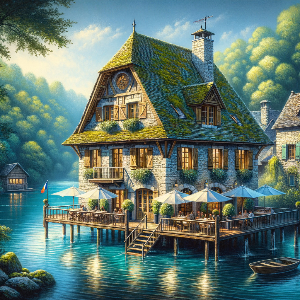 Lakeside House with Rustic Stone Architecture and Deck