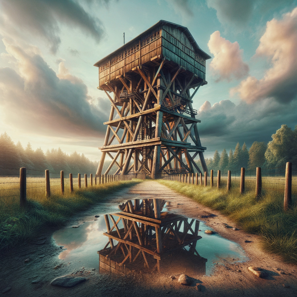 Wooden Observation Tower in Serene Landscape