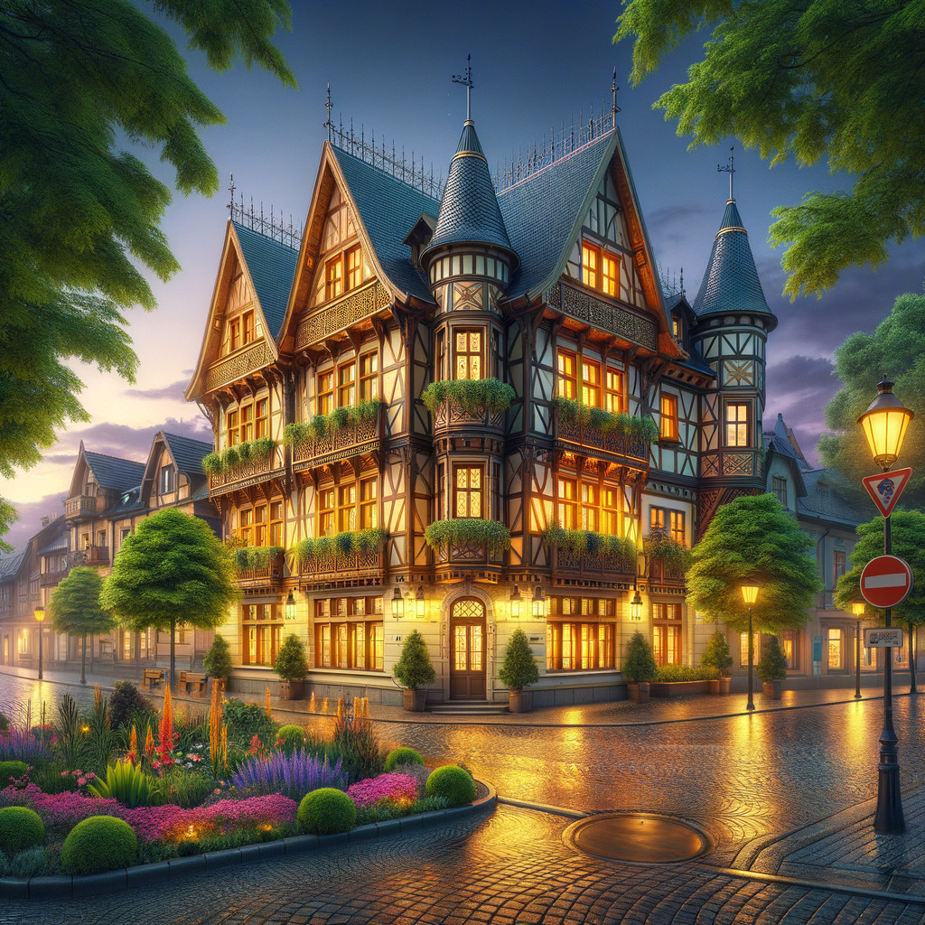 Ornate Gothic and Tudor Building Illuminated at Dusk