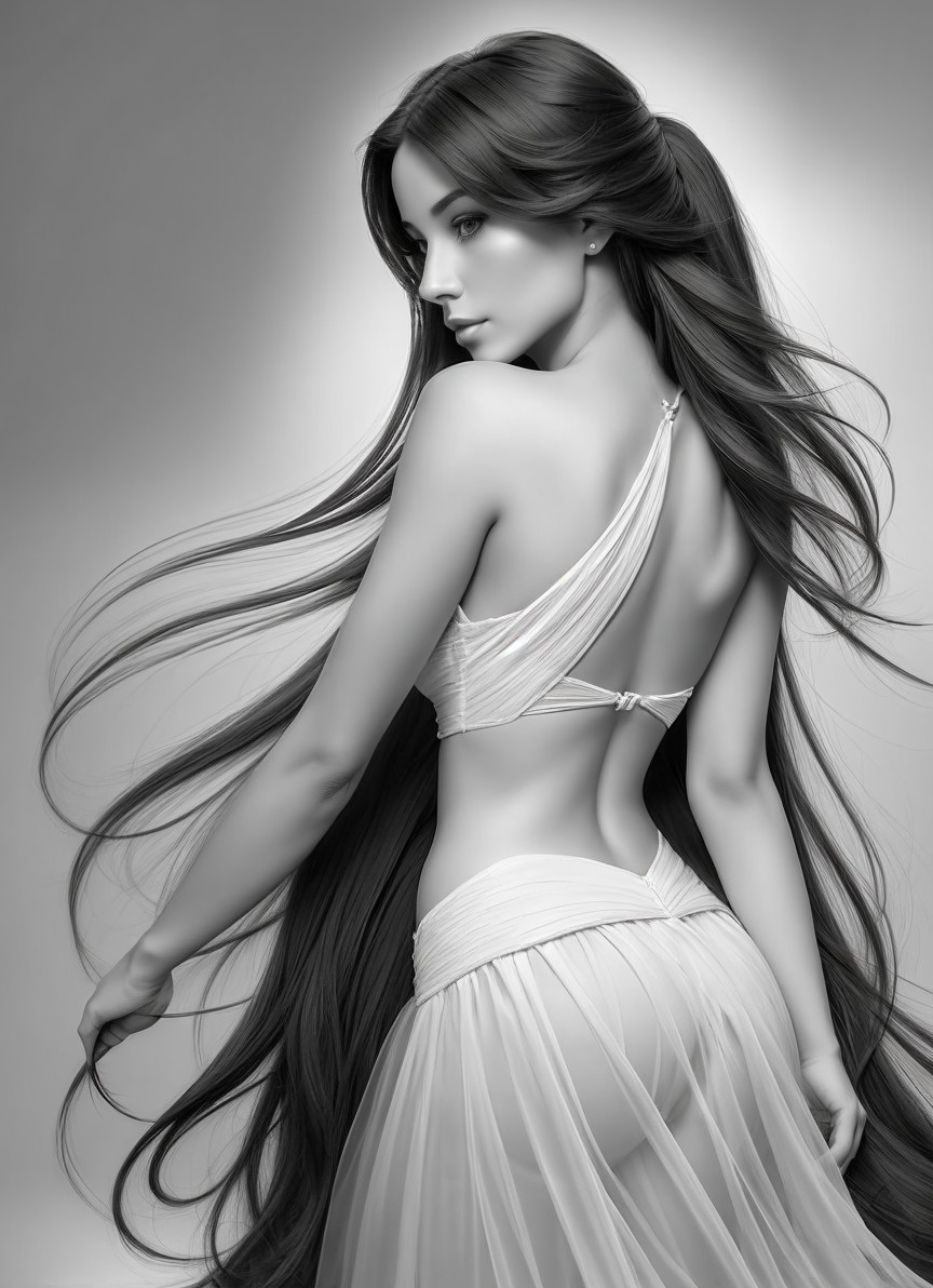 Black and white depiction of a graceful figure in gown