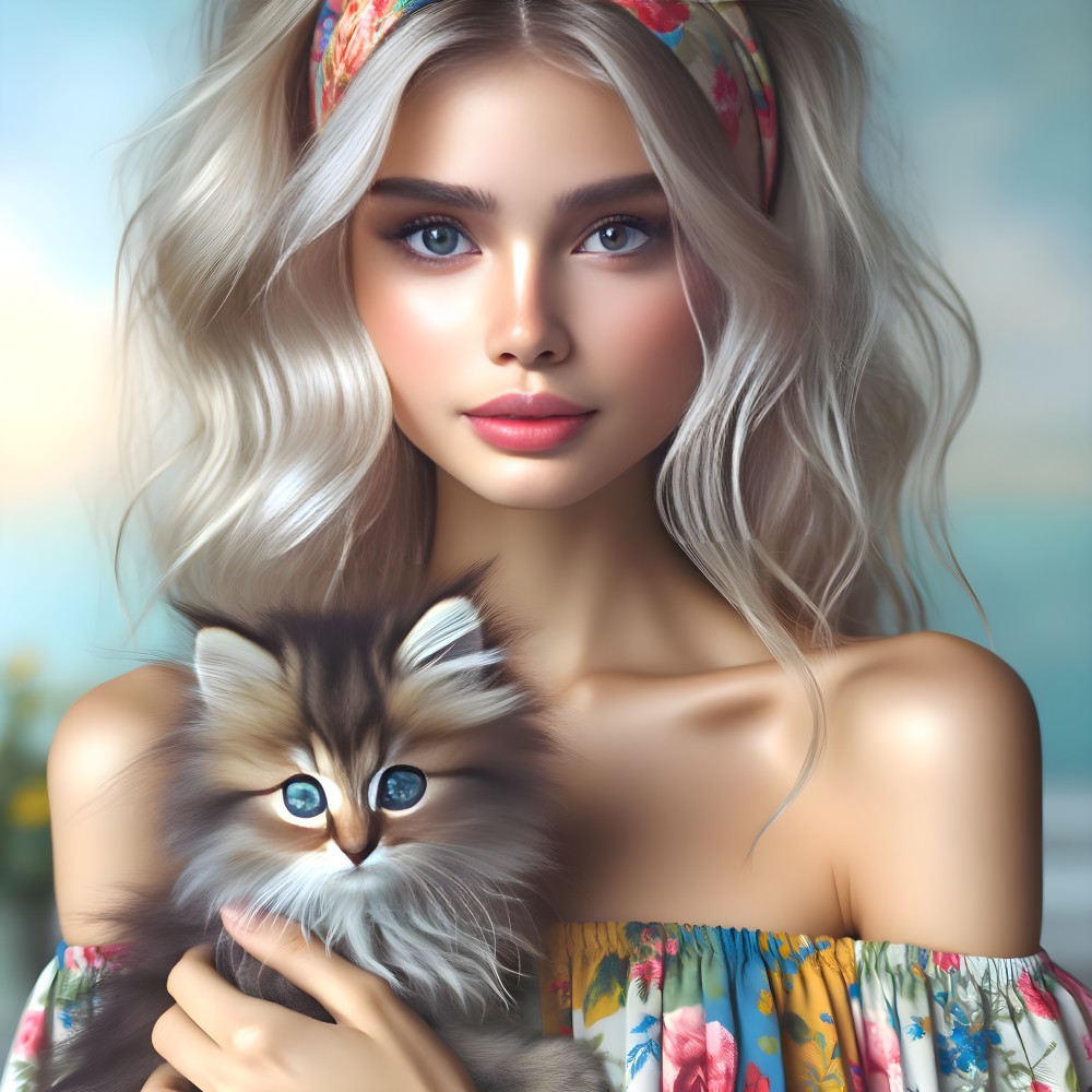 Young woman with kitten in floral top and headband