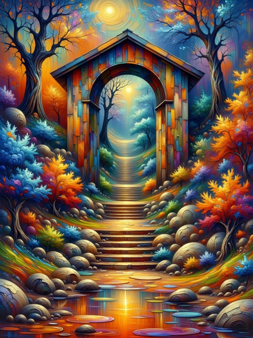 Surreal Landscape with Colorful Archway and Trees