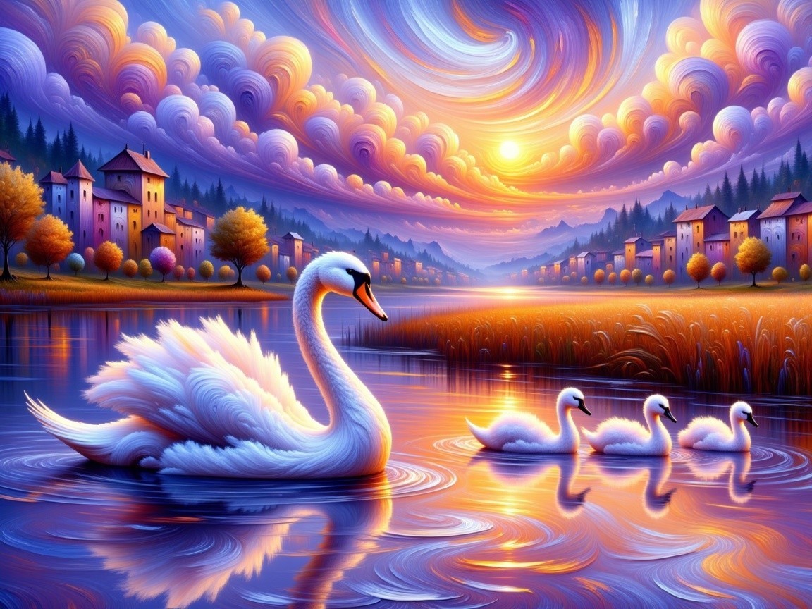 Serene Sunset Landscape with Swan and Cygnets