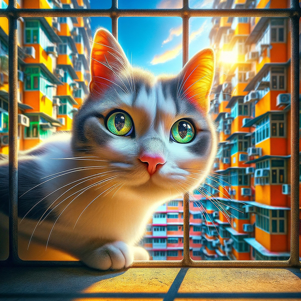 Curious Cat Observing Vibrant Urban Landscape