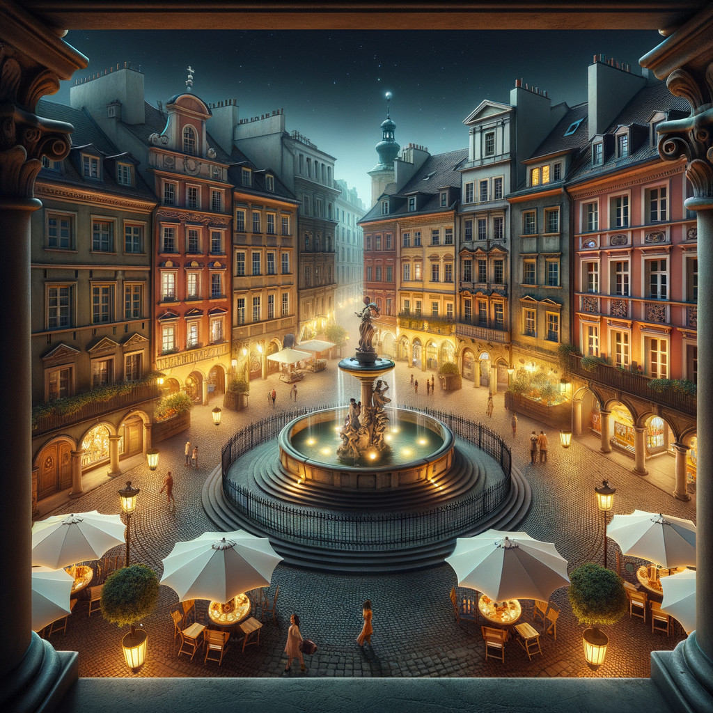 Charming illuminated plaza with central fountain and dining
