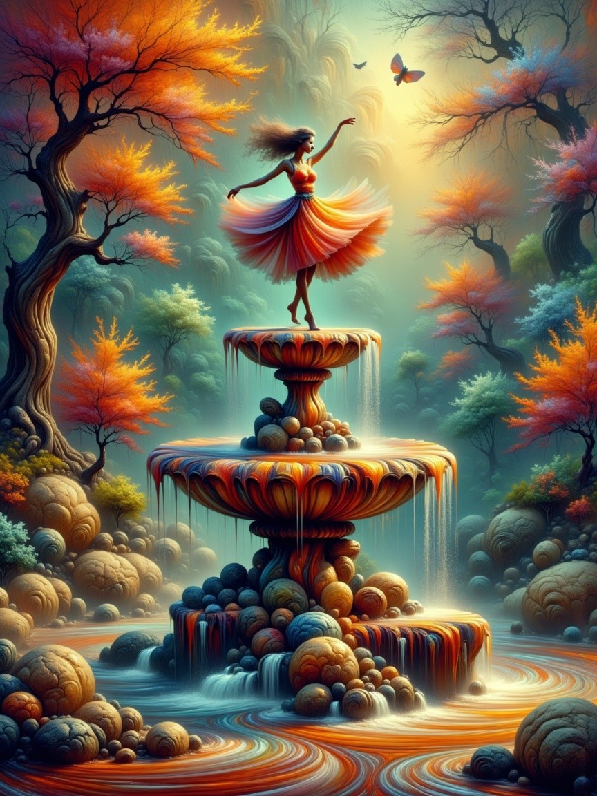 Ethereal Dancer on Fountain Amidst Autumn Foliage