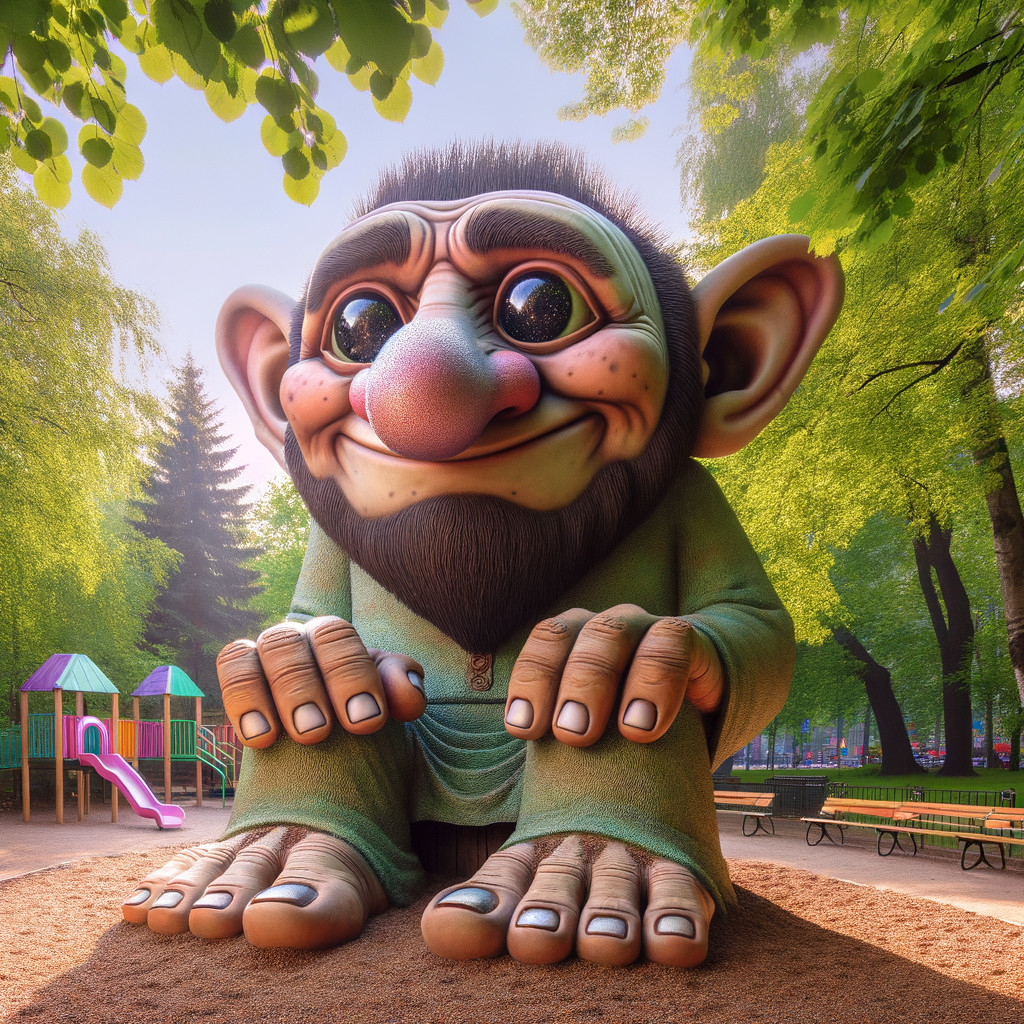 Oversized Troll Sculpture in Sunlit Park Setting