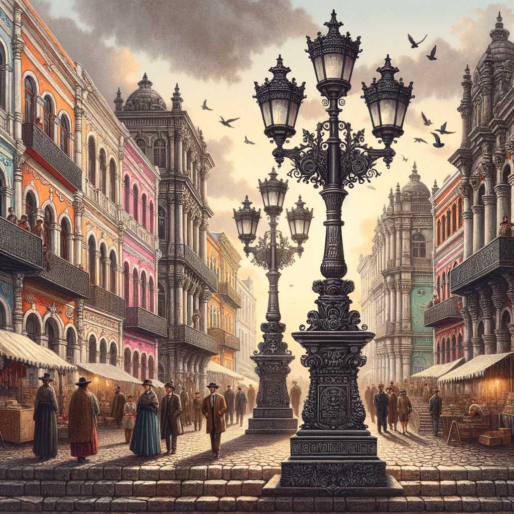 19th-Century Street Scene with Vendors and Lampposts