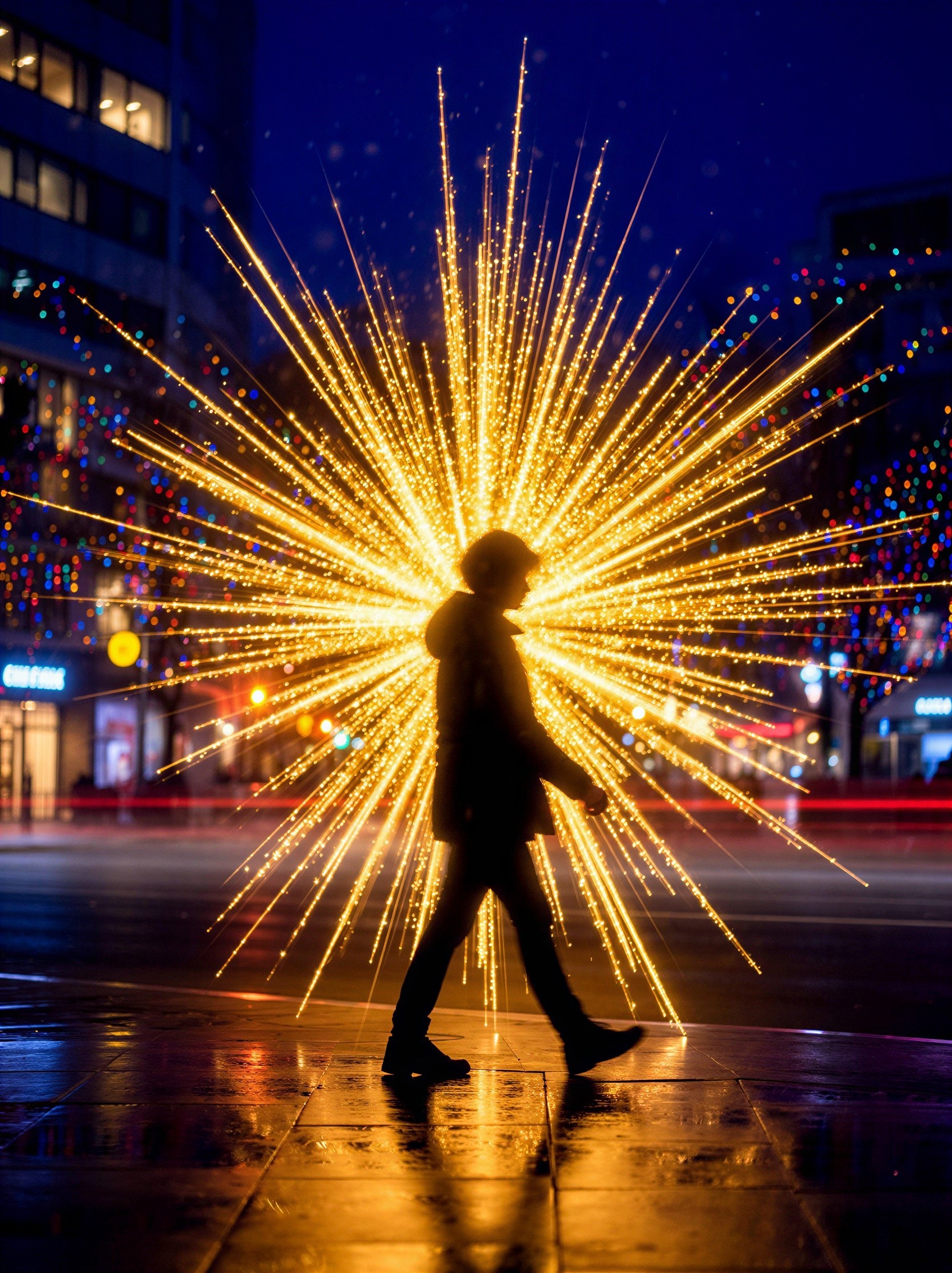Individual Walking on Wet City Street at Night