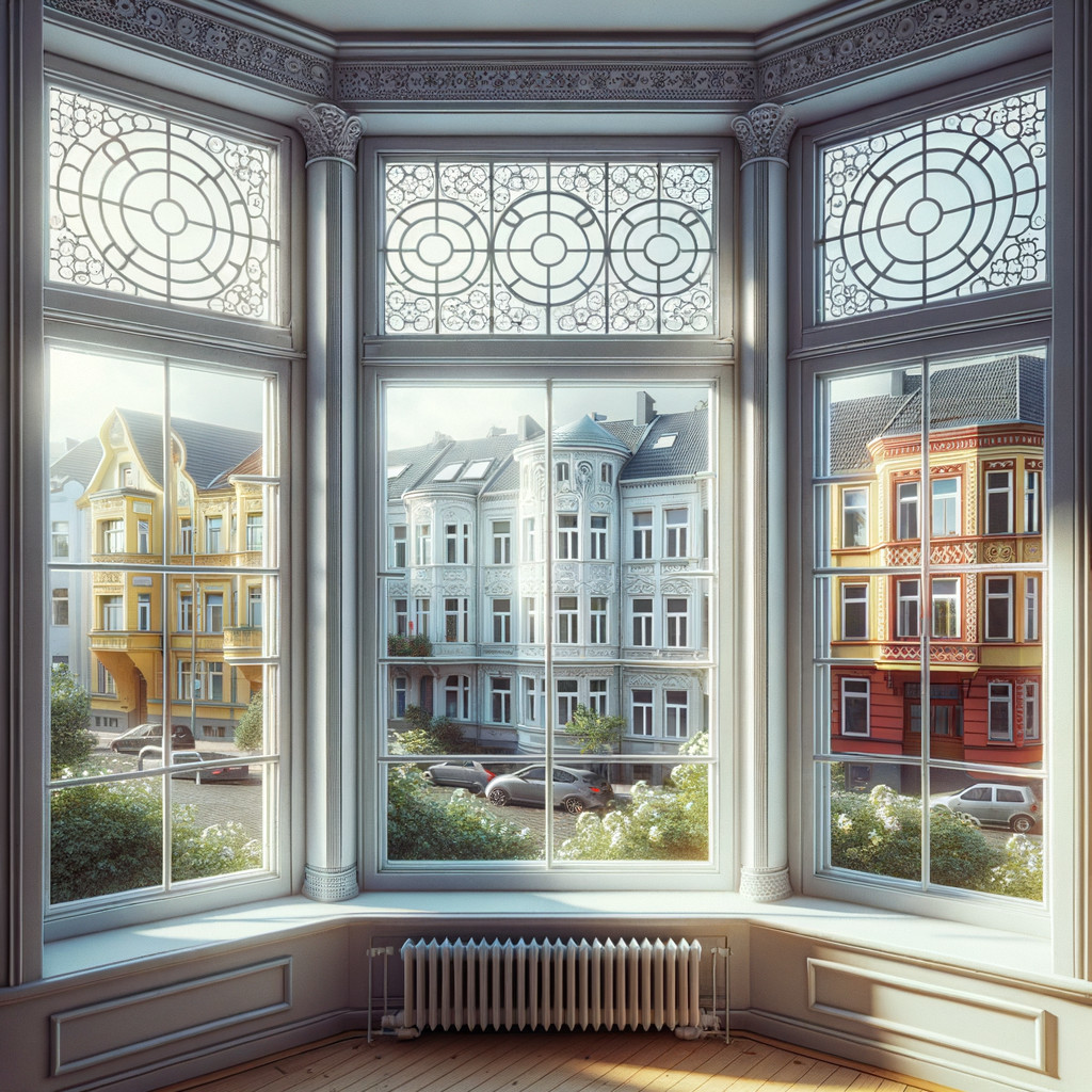 Sunlit Room with Ornate Windows and Colorful Views