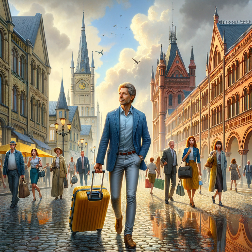 Modern Traveler on Picturesque European Street
