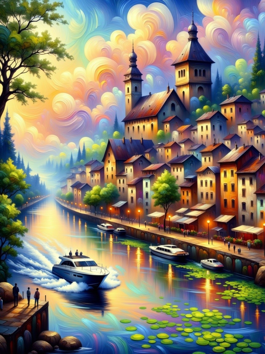 Vibrant Riverside Village with Colorful Houses and Towers