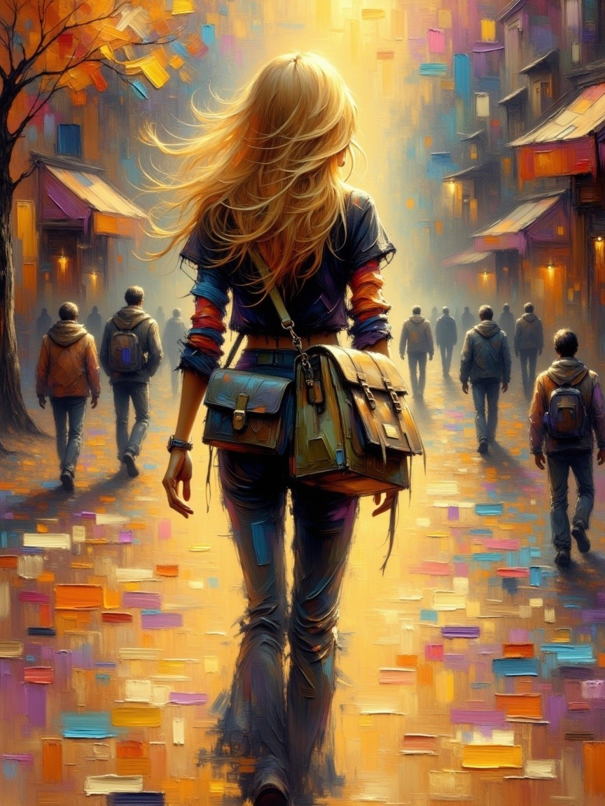 Young woman in vibrant street with colorful reflections
