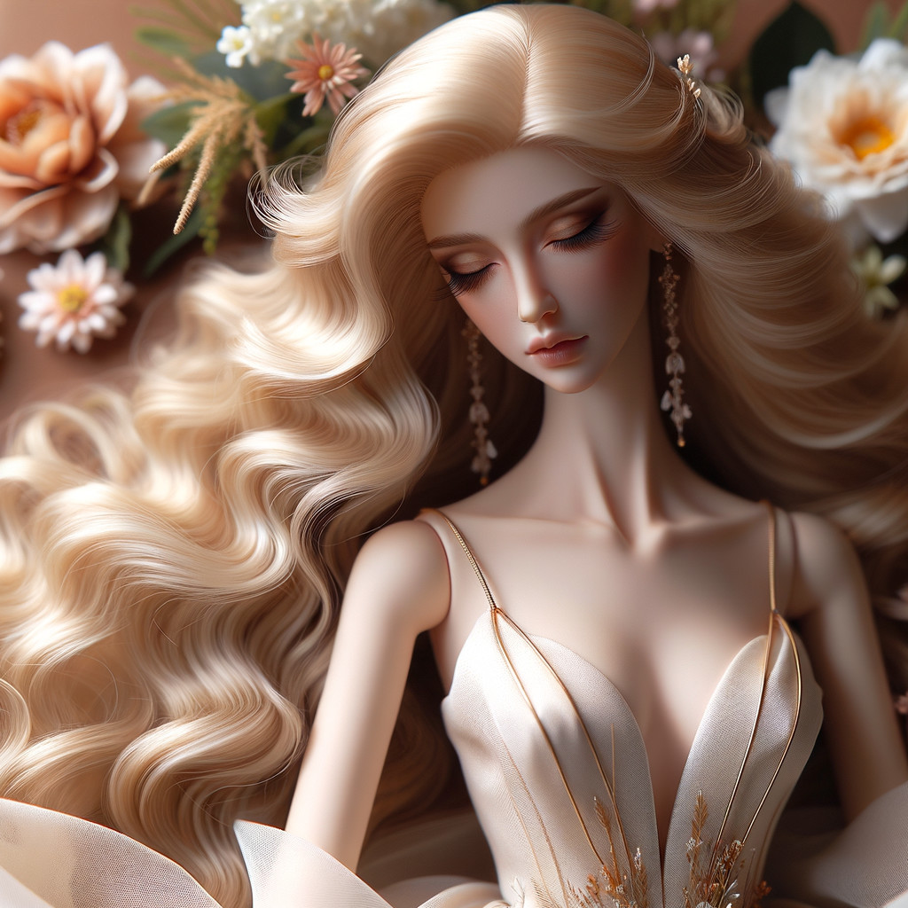 Elegant Doll with Blonde Hair and Floral Backdrop
