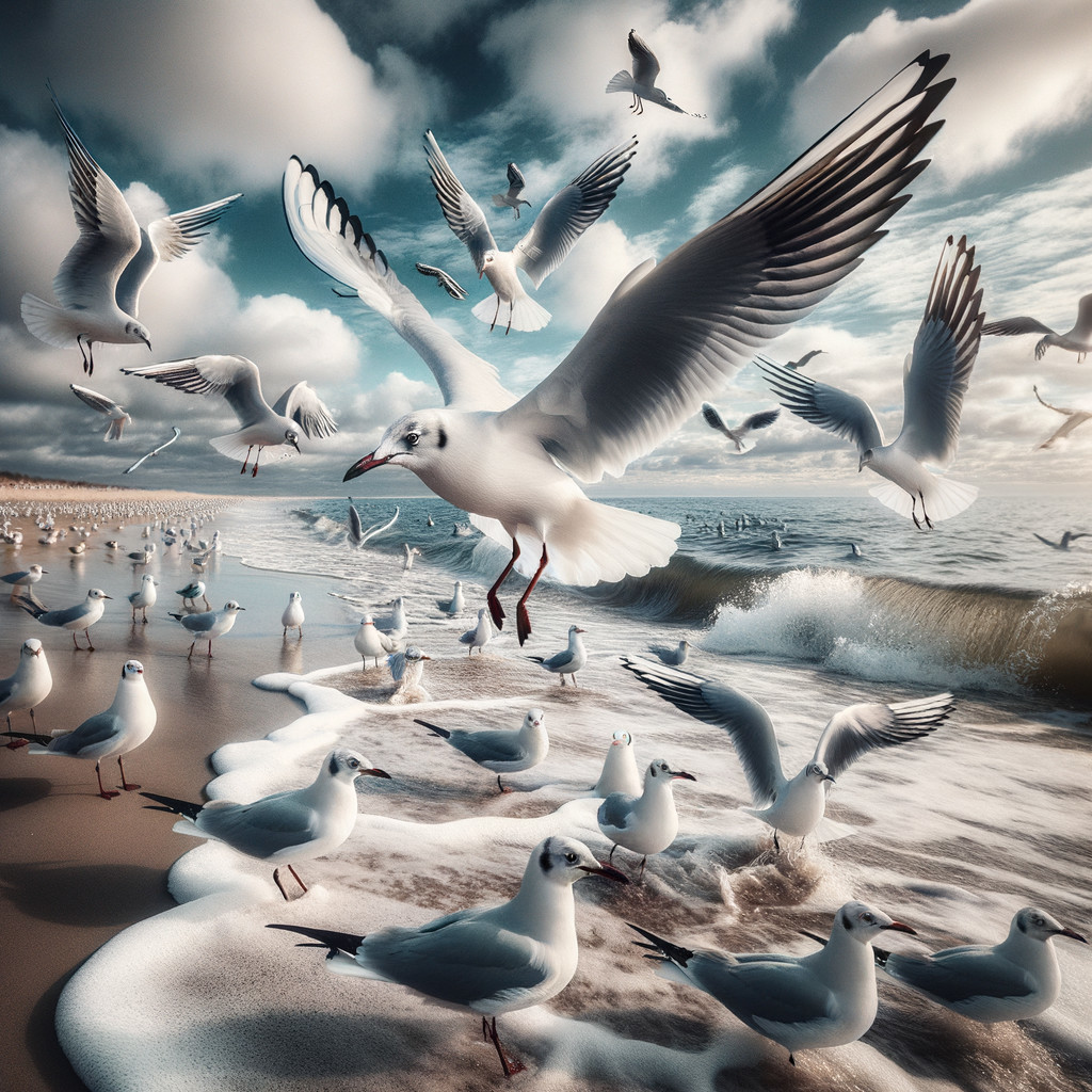 Dynamic Beach Scene with Seagulls and Gentle Waves
